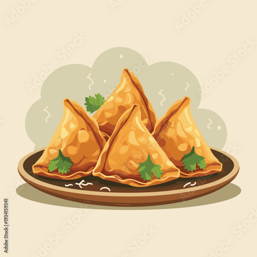 Plate of hot fresh samosas with green herbs garnish on rustic wooden platter art
