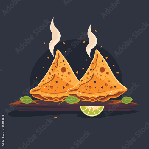 Two crispy golden samosas with steam rising served on wooden board with lemon