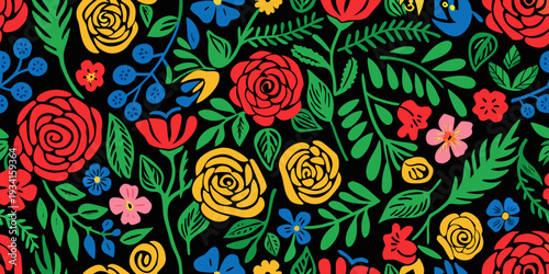 A vibrant repeating floral pattern with roses and colorful blossoms
