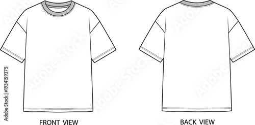 Blank oversized t-shirt technical flat sketch with front and back views for fashion,