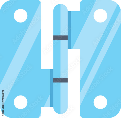 Blue metal door hinge connecting two panels with screw holes