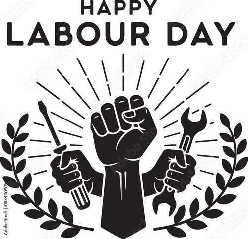 Celebrating unity and labor with clenched fists and tools in a laurel wreath.