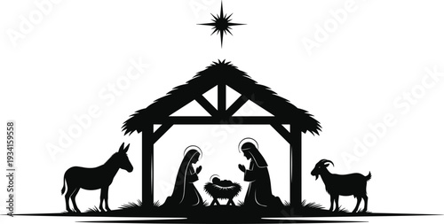 Nativity scene silhouette with Mary Joseph baby Jesus donkey and goat Christmas
