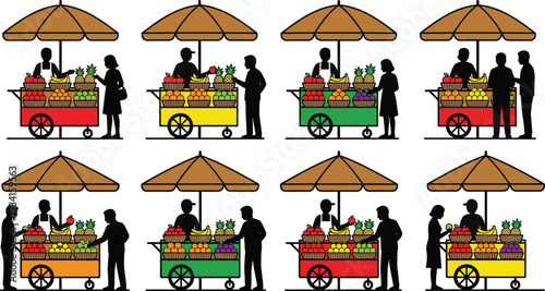 Title: Street Food Vendor and Fruit Cart Illustration Set, Silhouette Characters Buying Fresh Tropical Produce