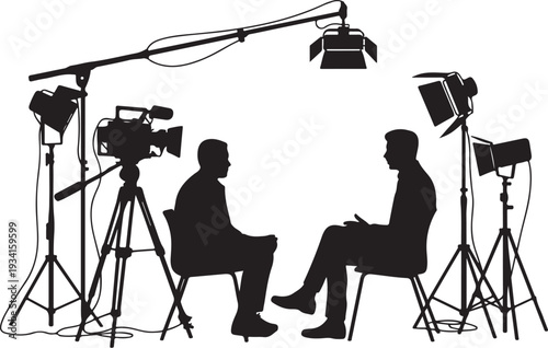 Silhouette of two men sitting facing each other with equipment