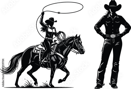 Silhouette of Cowgirl Riding Horse with Lasso and Standing Cowgirl cowboy