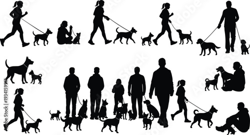 Silhouettes of People Walking Dogs in Various Poses pets