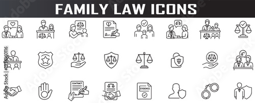 family law and legal services icon set, minimal outline symbols