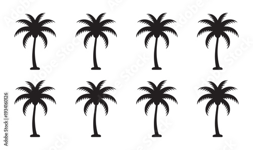 Tropical palm tree silhouette icons set for summer beach vacation and exotic travel destination branding