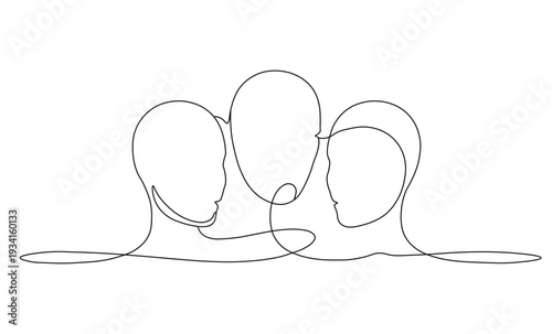 Continuous line drawing of three people forming a tight group with heads together in conversation