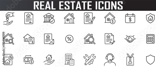 real estate and property icon set, minimal outline housing symbols