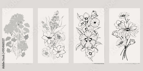 Four grayscale botanical illustrations depicting delicate floral arrangements