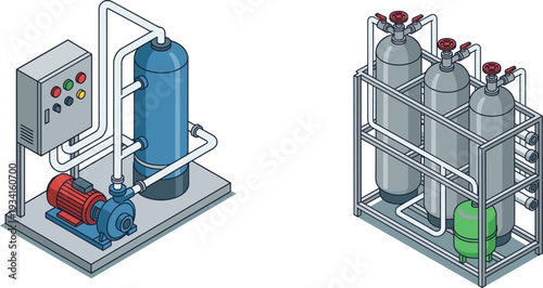 Industrial reverse osmosis water treatment system with filtration tanks and pump cad drawing flat vector illustration