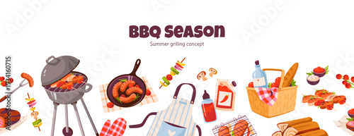 BBQ banner with grill, sausages, and steak. Summer backyard cookout concept for advertising and social media marketing. Summer barbecue party concept.