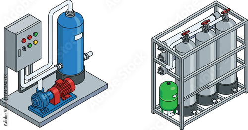 Industrial reverse osmosis water treatment system with filtration tanks and pump cad drawing flat vector illustration