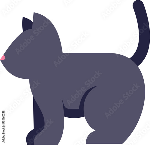 Black cat standing side view with a pink nose on a white background