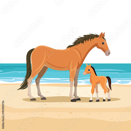 Mare and foal on sandy shoreline illustration