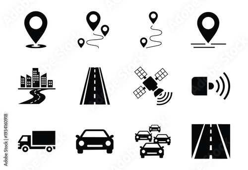 Collection of navigation and transportation icons representing gps technology and modern vehicle tracking systems effectively