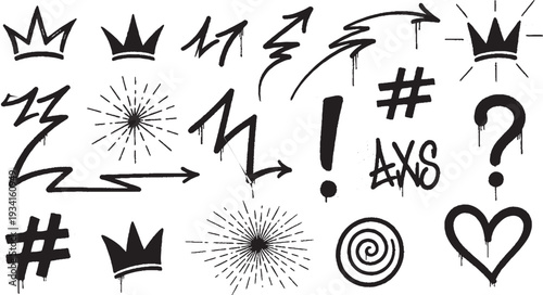Graffiti Elements Pack: Crowns, Arrows, Hashtags, Exclamations, and Hearts for Urban Art and Social Media