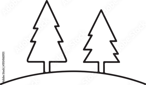Simple line drawing of two coniferous trees on a gentle slope