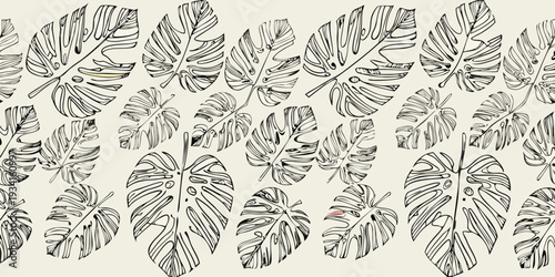 A seamless pattern of hand drawn monstera leaves on a cream background