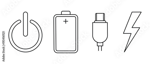 Simple line icons representing power on off battery charging and electricity on a clean white background together