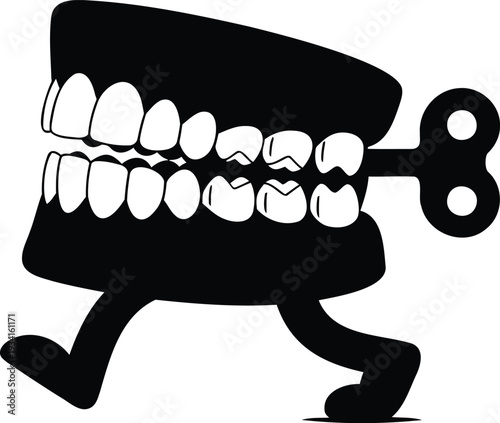 Chattering teeth walking wind up toy with legs and key, black vector illustration