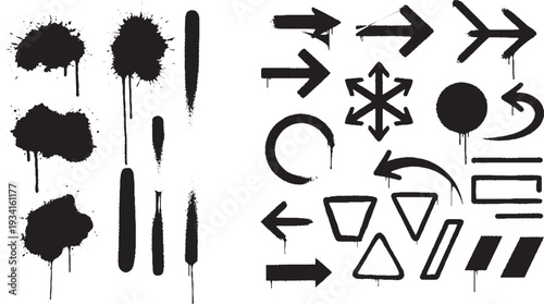 Urban Spray Paint Graffiti Drip and Grunge Elements Set, Arrows, Circles, and Shapes Collection for Street Art and Modern Design Overlays.