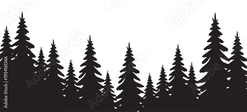 pine trees silhouettes on white background, black and white outdoor nature design element illustration
