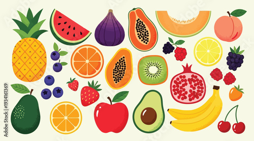A colorful arrangement of various fresh fruits on a light beige background including pineapple, watermelon, and berries