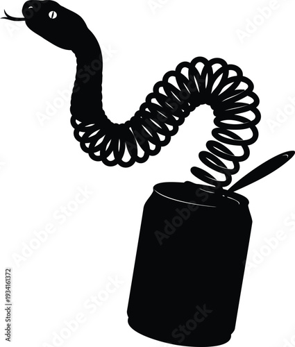 Snake in a can prank vector illustration with spring and serpent head for jokes and humor collections