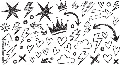 Hand-drawn sketch elements collection: lightning bolts, crowns, stars, hearts, arrows, clouds, x marks, and exclamation points on white background.