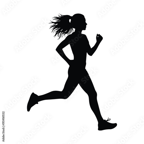 Woman running in dynamic pose with ponytail flowing