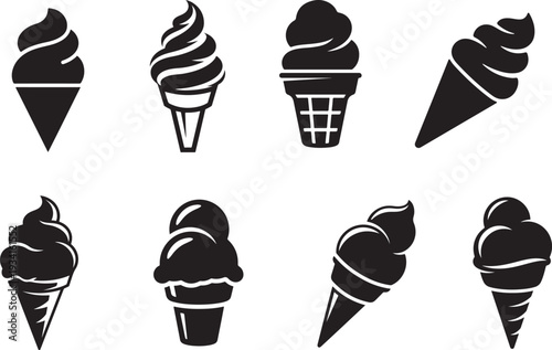 Varied black and white illustrations of different ice cream cone designs and toppings