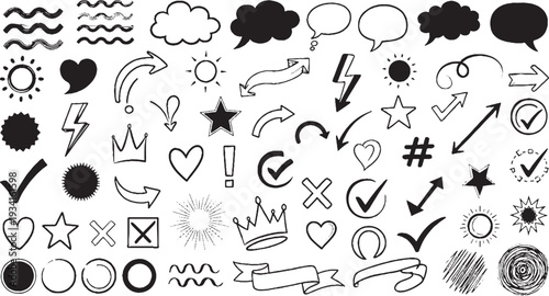 Doodle elements: wavy lines, clouds, speech bubbles, sun, hearts, stars, checkmarks, hashtags, crowns and banners, hand drawn icons