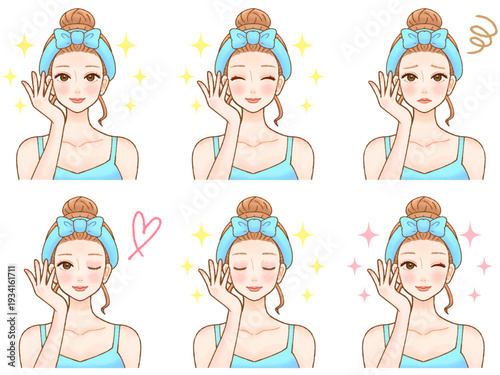 美容でスキンケアする大人女性のイラストセット2