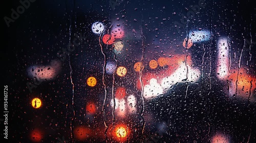 Rainy night cityscape through wet window, blurred traffic lights
