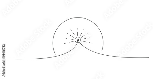 Simple line drawing of a sunrise or sunset over a hill with sun rays emanating from the center