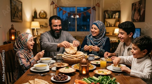 Happy Muslim Family Breaking Fast at Iftar Dinner Table During Ramadan