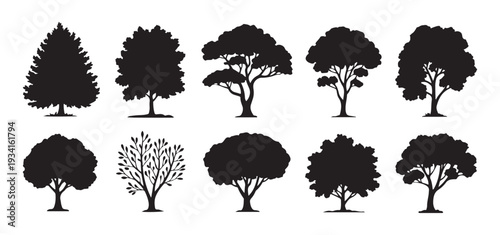 Varied tree silhouettes natural elements for outdoor park scenes isolated on white background