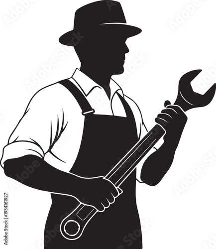 Vintage silhouette of a mechanic holding a large adjustable wrench.