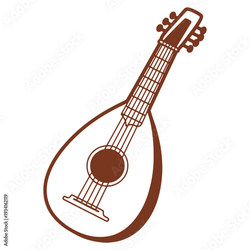 Elegant Brown Mandolin Illustration on White Background Showcasing a Stringed Musical Instrument with Intricate Details and Classic Design