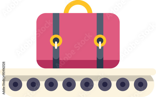 Pink travel suitcase moving on an automated airport luggage conveyor belt