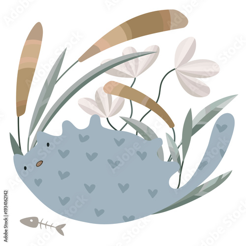 Adorable minimalistic vector illustration of a gray cat with hearts leaning, surrounded by plants. Reeds and white lake flowers add a river mood to the picture