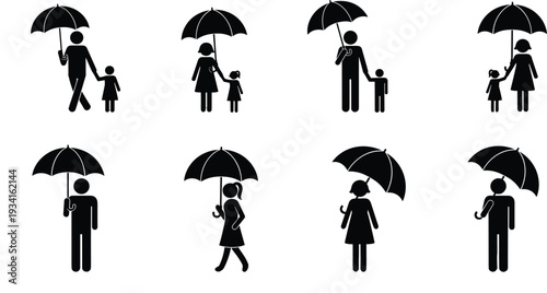 Collection of Stick Figure People Holding Umbrellas in Various Poses on White Background rain protection