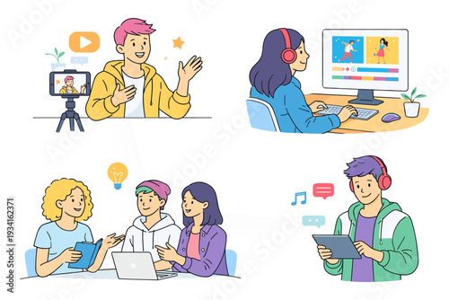 Teen Digital Content Creation and Online Learning Set Flat Vector Illustration Collection