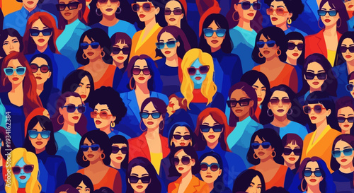 Diverse Women in Sunglasses: Stylish Global Crowd Illustration, Female Empowerment, Unity, and Confidence