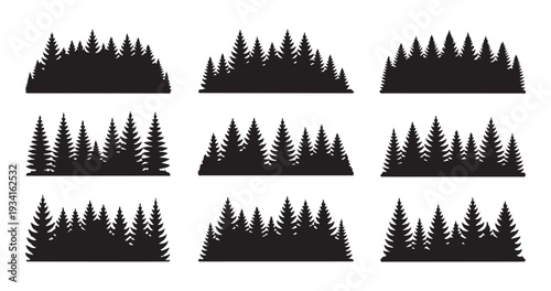 Pine forest horizon silhouettes with evergreen spruce and fir tree clusters for mountain landscape designs