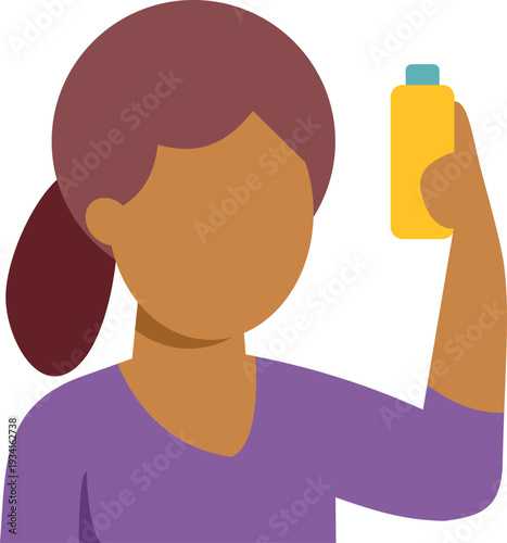 Woman presenting a personal care product bottle, showcasing beauty and skincare