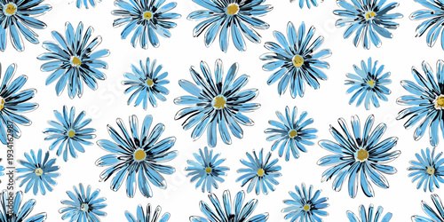 A repeating pattern of hand drawn style blue and black daisies